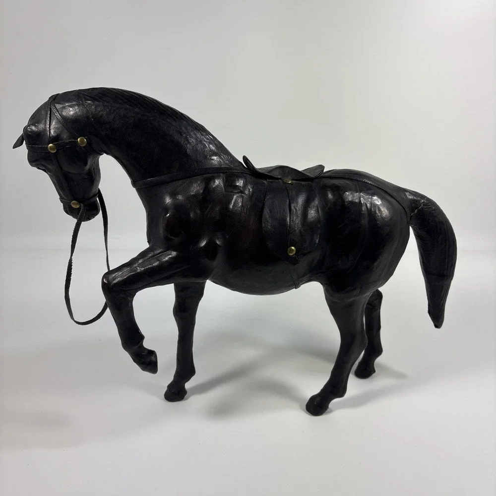Vintage Leather Wrapped Horse Figurine 16 X 11 In Black Equestrian Western Decor